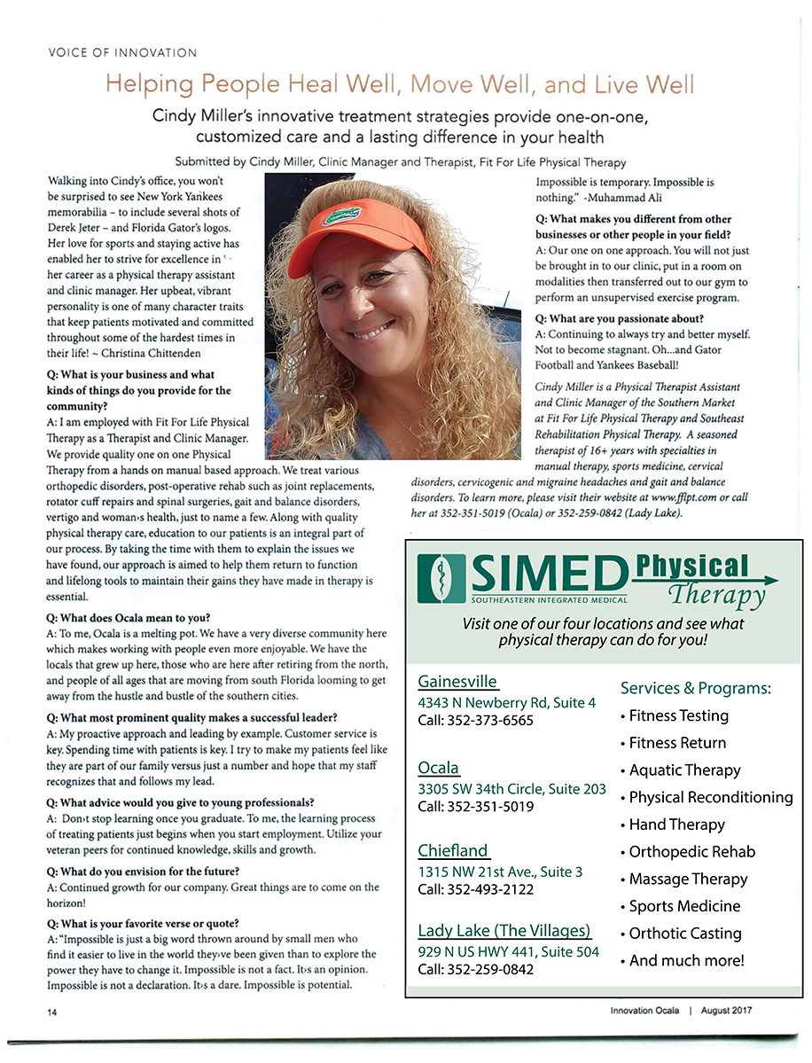 Cindy Miller Physical Therapy Article in Innovation Ocala