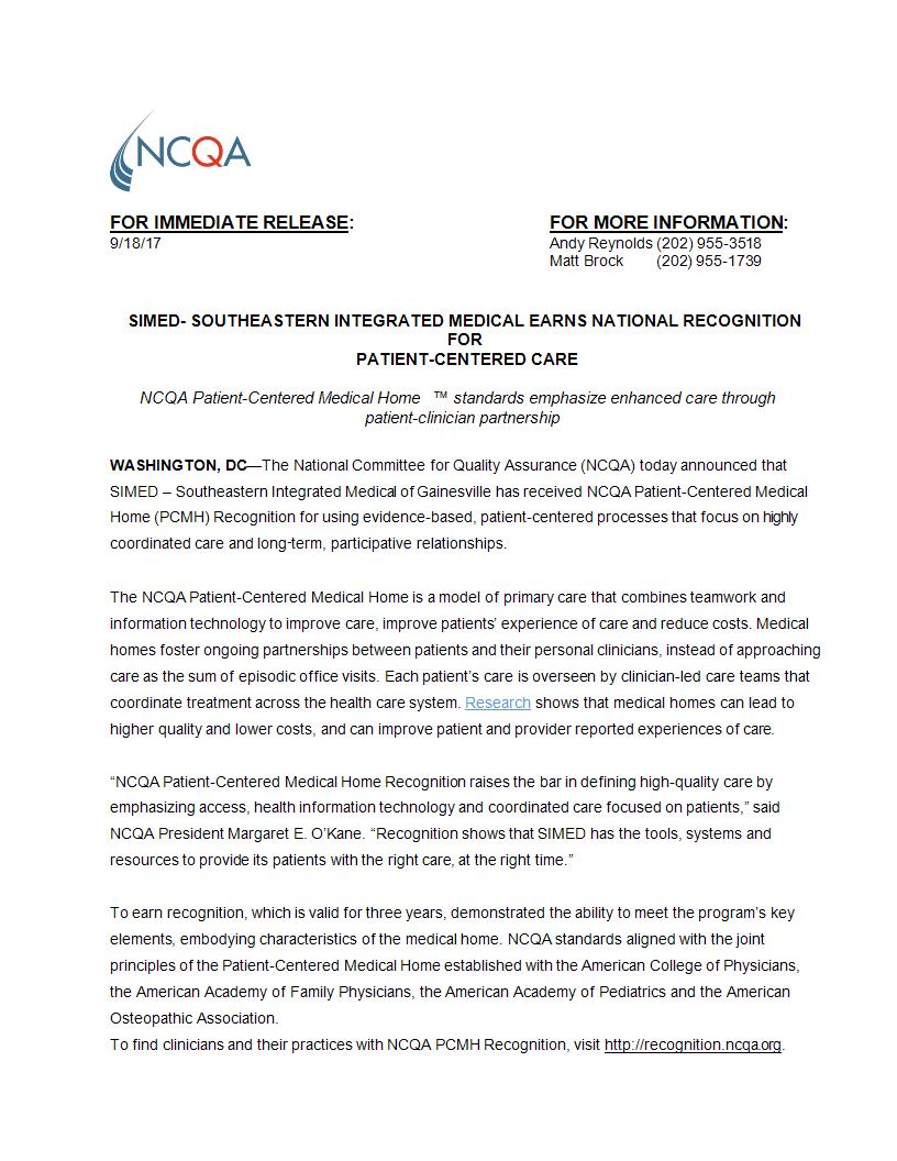 press release from NCQA on SIMED earning recognition