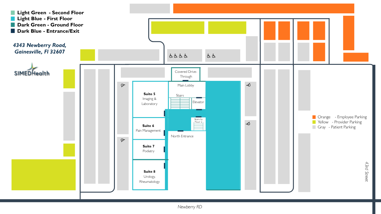 Suite 5 - Imaging, Lab. Suite 6 - Pain Management. Suite 7 - Podiatry. Suite 8 - Urology, Rheumatology.