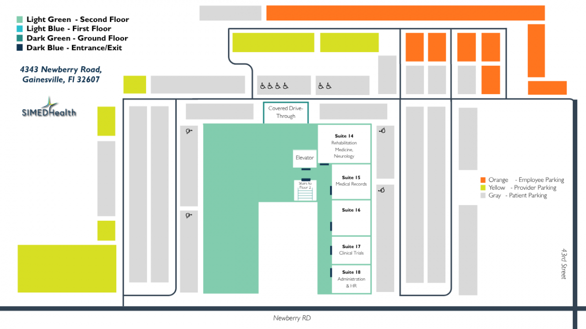 Suite 14 - Rehabilitation Medicine, Neurology. Suite 15 - Medical Records. Suite 17 - Clinical Trials. Suite 18 - Administration, HR.