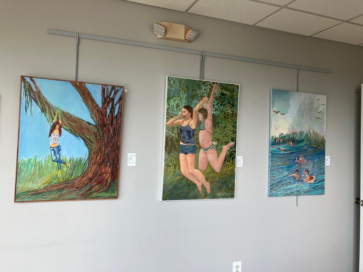 Three pieces of artwork featuring jumping in water, and swimming.