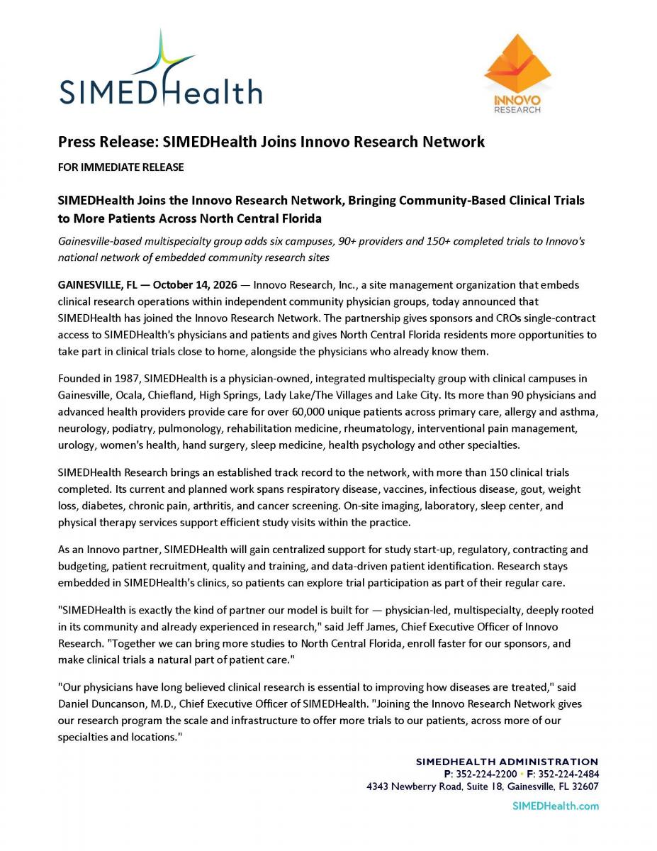 Press Release: SIMEDHealth Joins Innovo Research Network