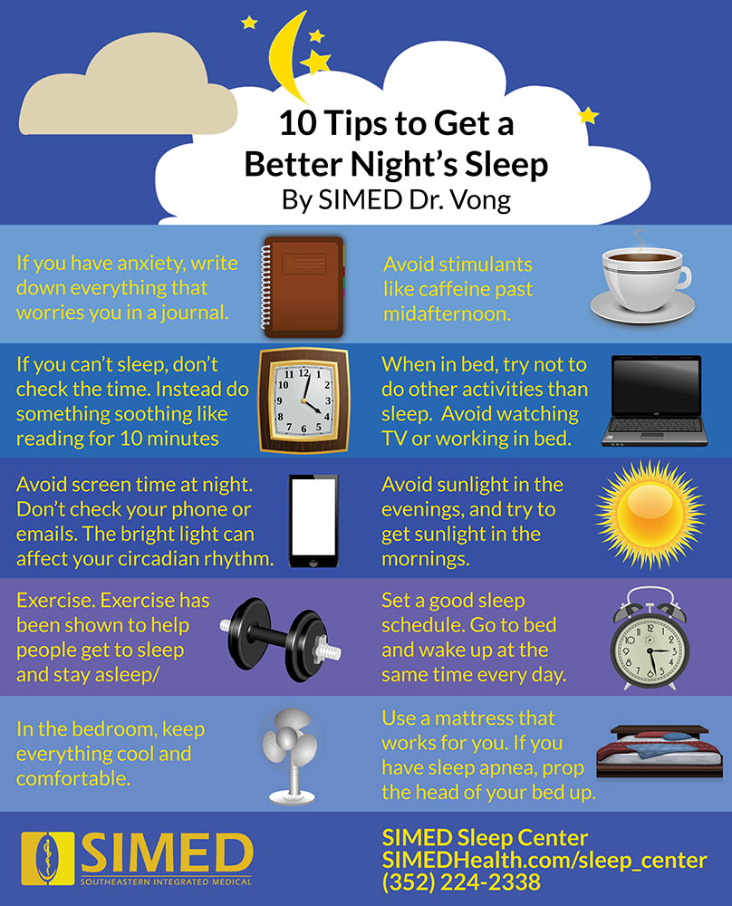 infographic with 10 tips for a better night's sleep to help with sleeping problems