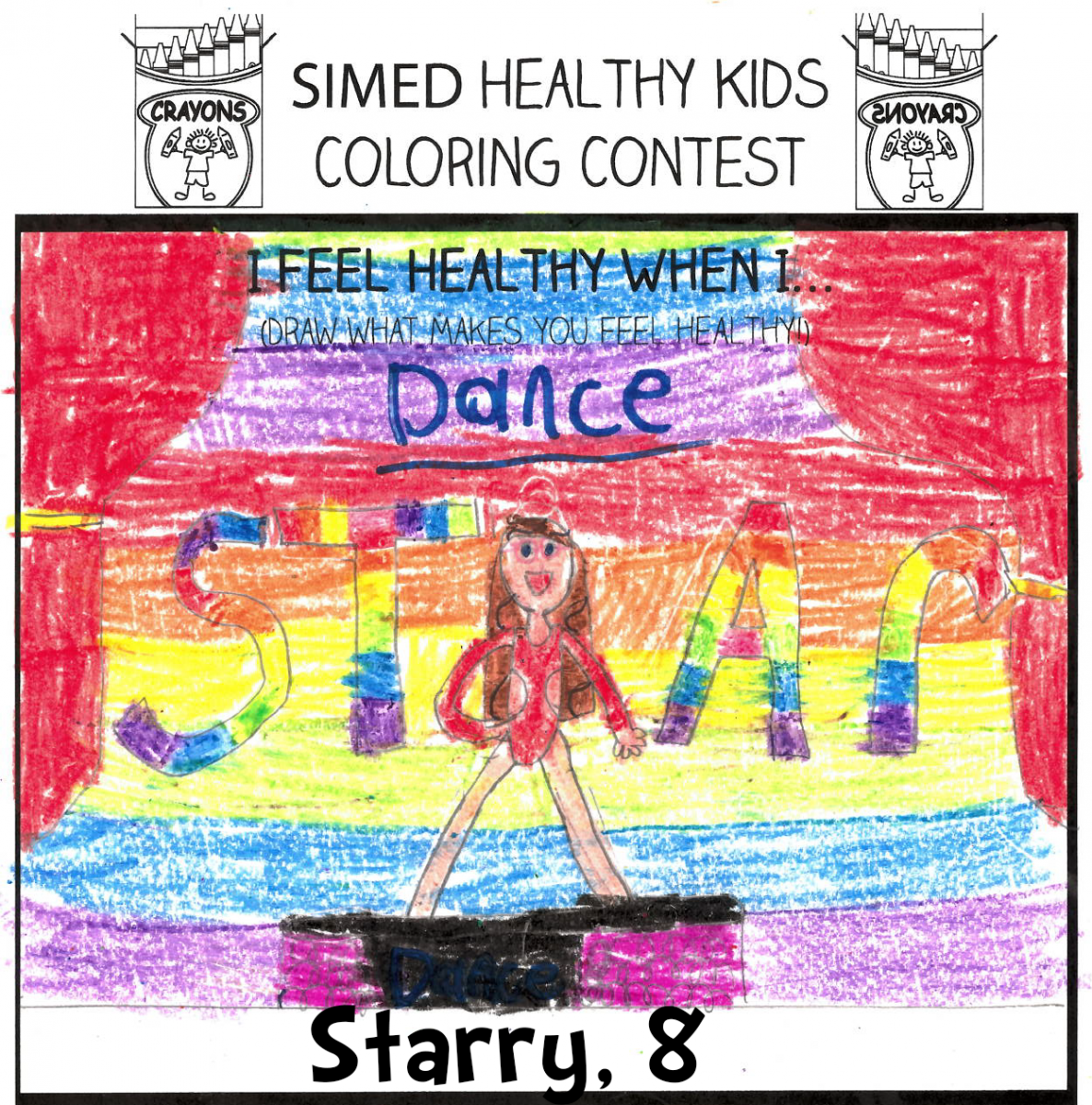 drawing by a girl of what makes her feel healthy which is dancing in front of a rainbow background on a stage