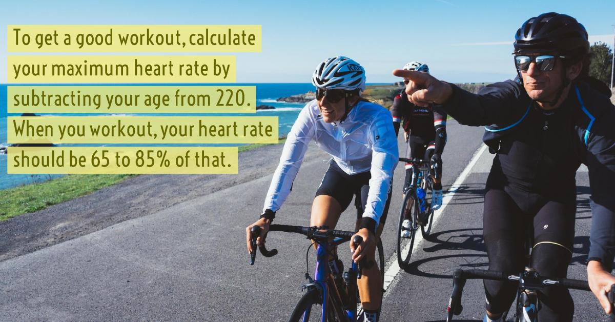 Men riding bicycles along the shore with information on how to get a good workout and calculate max heart rate