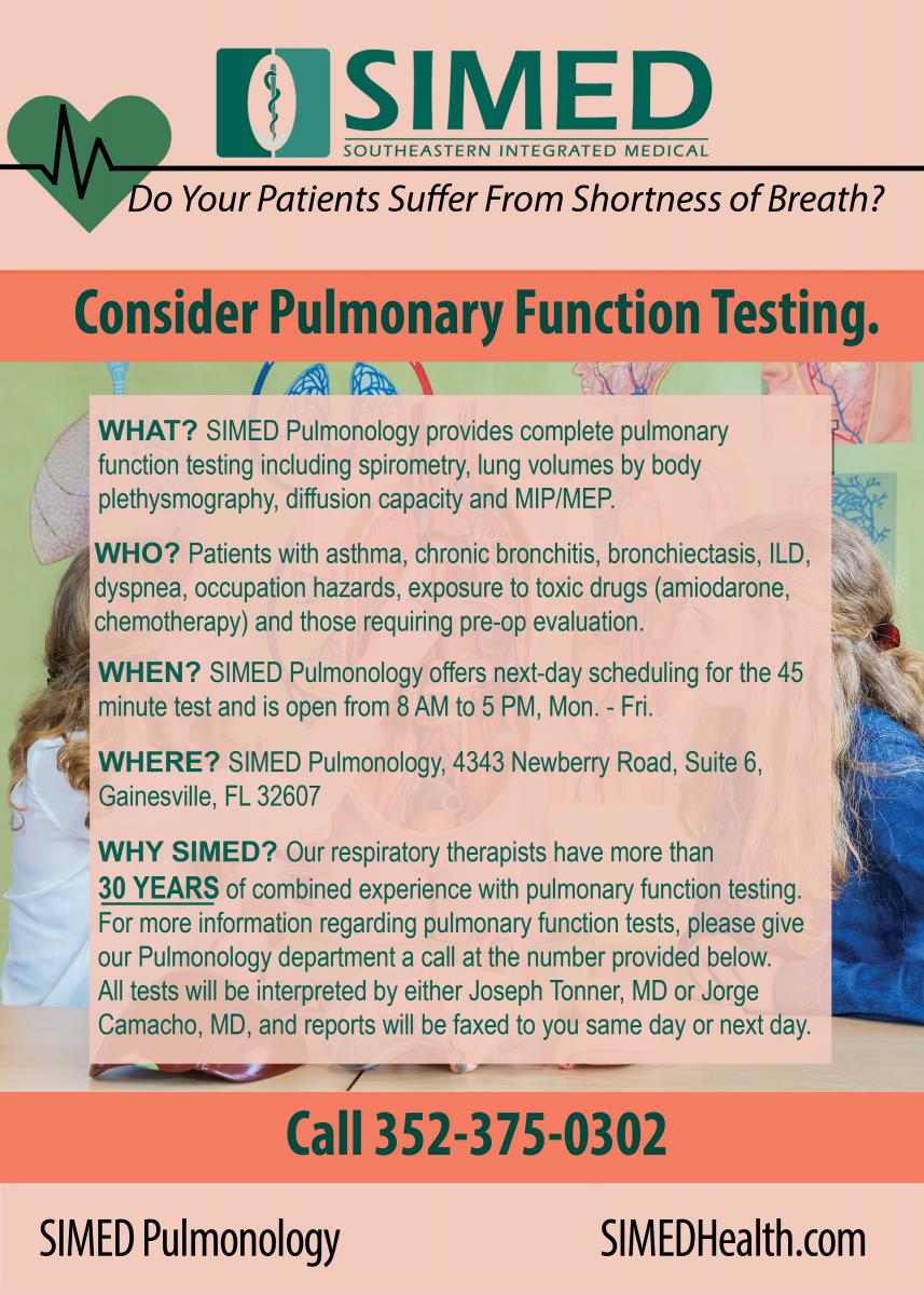 Flyer with information about PFT Testing in Gainesville at SIMED