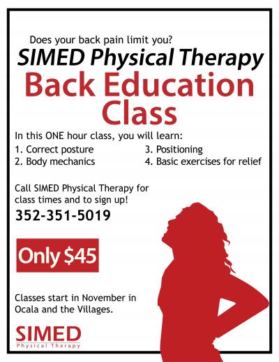 Flyer for SIMED Physical Therapy Back Education Classes with person with back pain