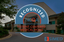 SIMED logo and NCQA badge over SIMED building